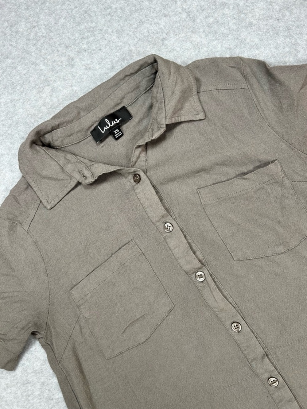 Lulus Taupe Shirt Dress XS Button Front Pocket Mini Roll Tab Sleeve
